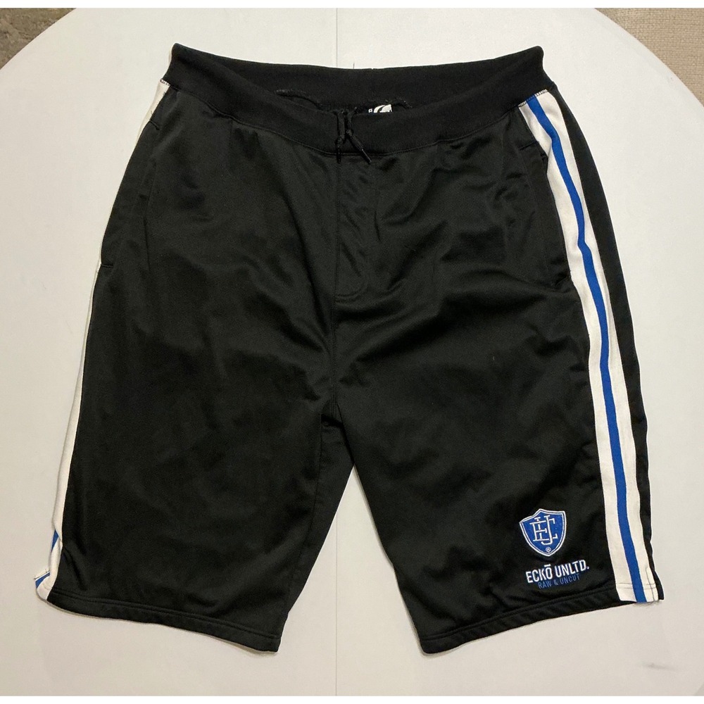 Y2K Ecko Unltd Baggy Track Shorts Mens 4XL Black Blue Stripe‎ Mesh Streetwear